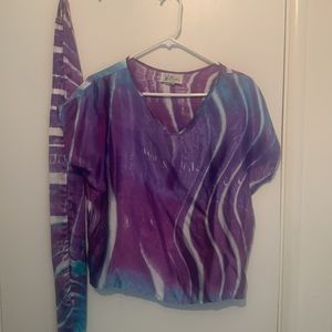 Silk tie dye pants top with tie outfit. Soft flowy gorgeous outfit! Medium.